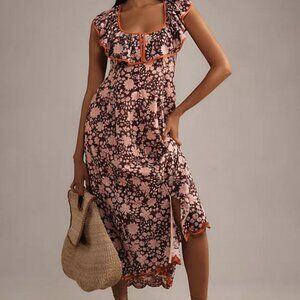 Anthropologie Maeve Scoop-Neck Ruffled Embroidered Midi Dress S